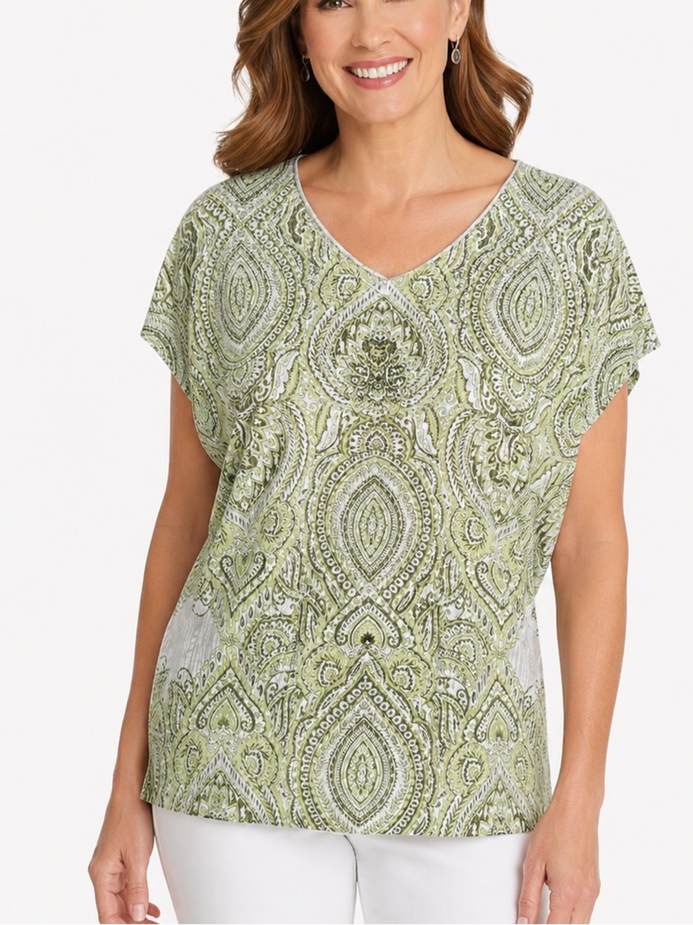 Chico's Paisley V-Neck Top Women 3 XL Green Rhinestone Embellished Boho Blouse